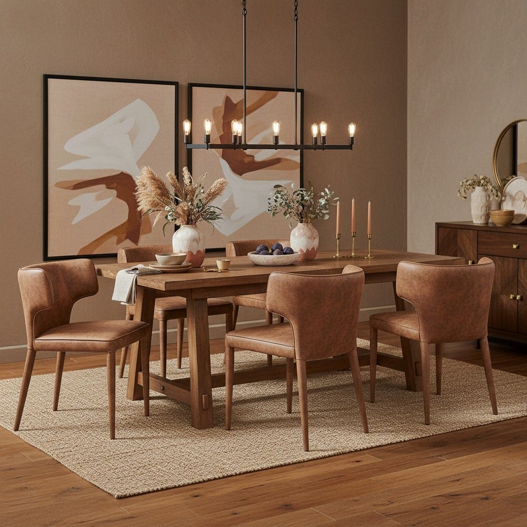 Wooden dining table with brown leather chairs on a jute rug in a room