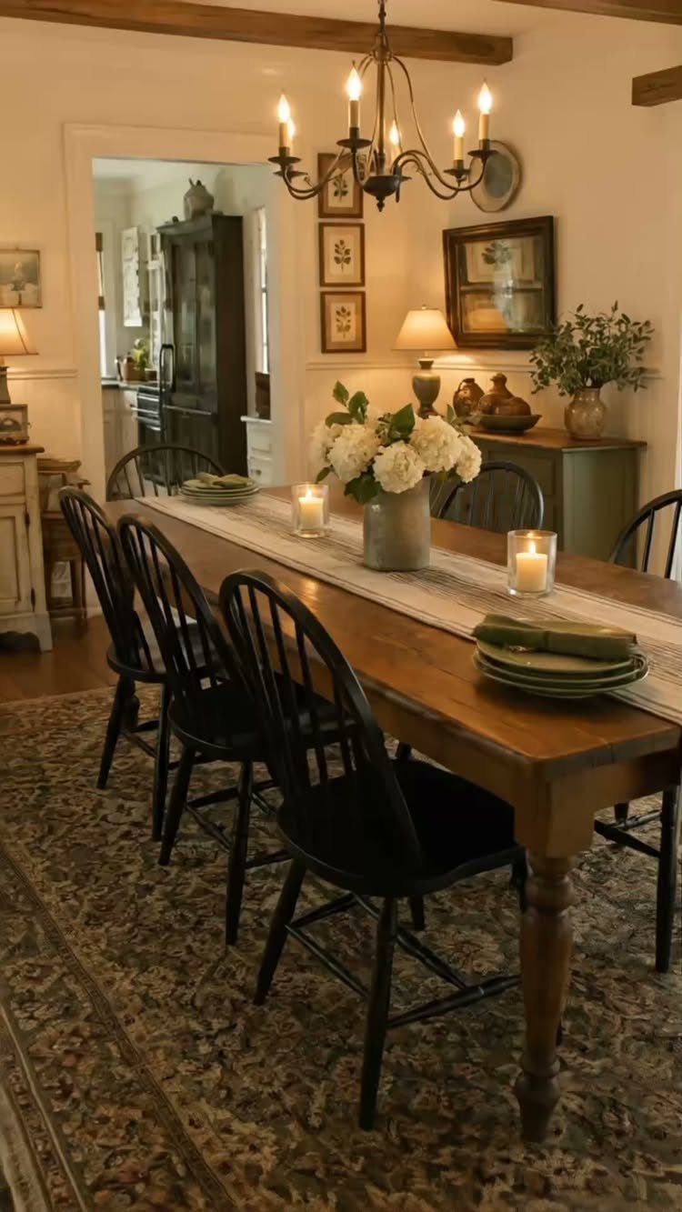 Rectangular wooden dining table with turned legs and black spindle-back chairs in a rustic room.