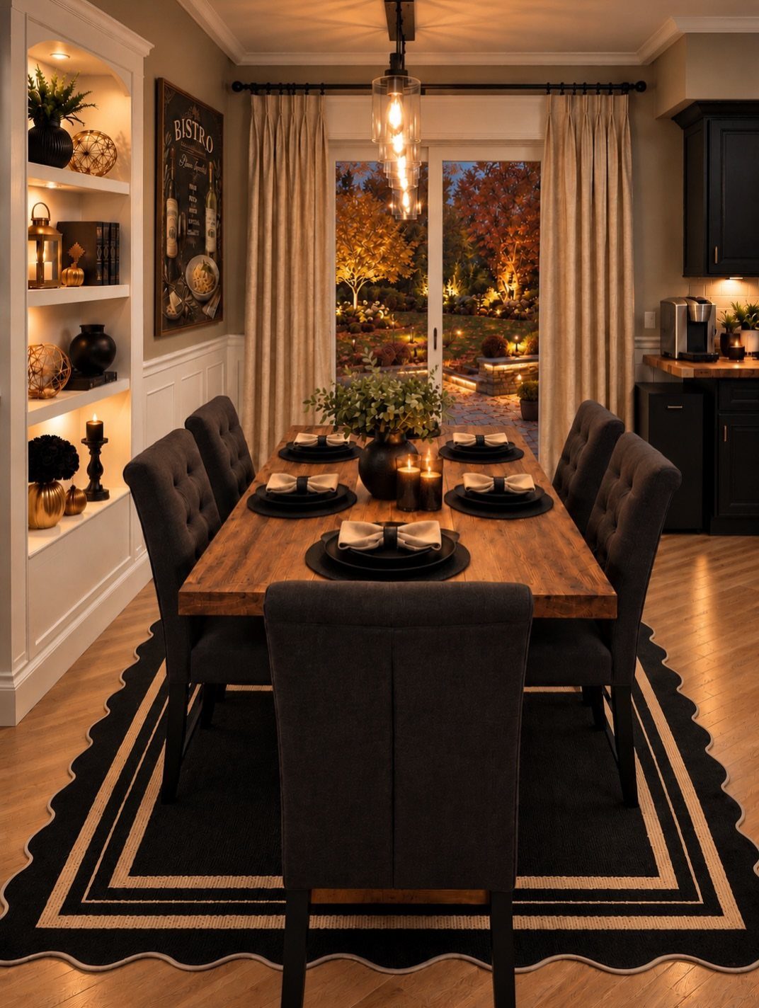 Wooden dining table with dark grey upholstered chairs on a patterned black rug.