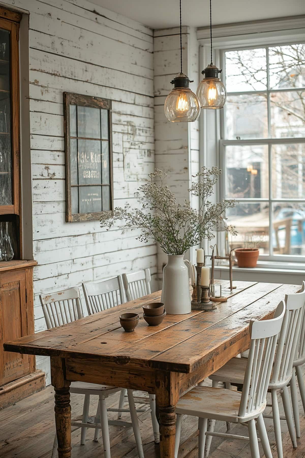 Rustic wooden dining table paired with white wooden chairs in a bright room.