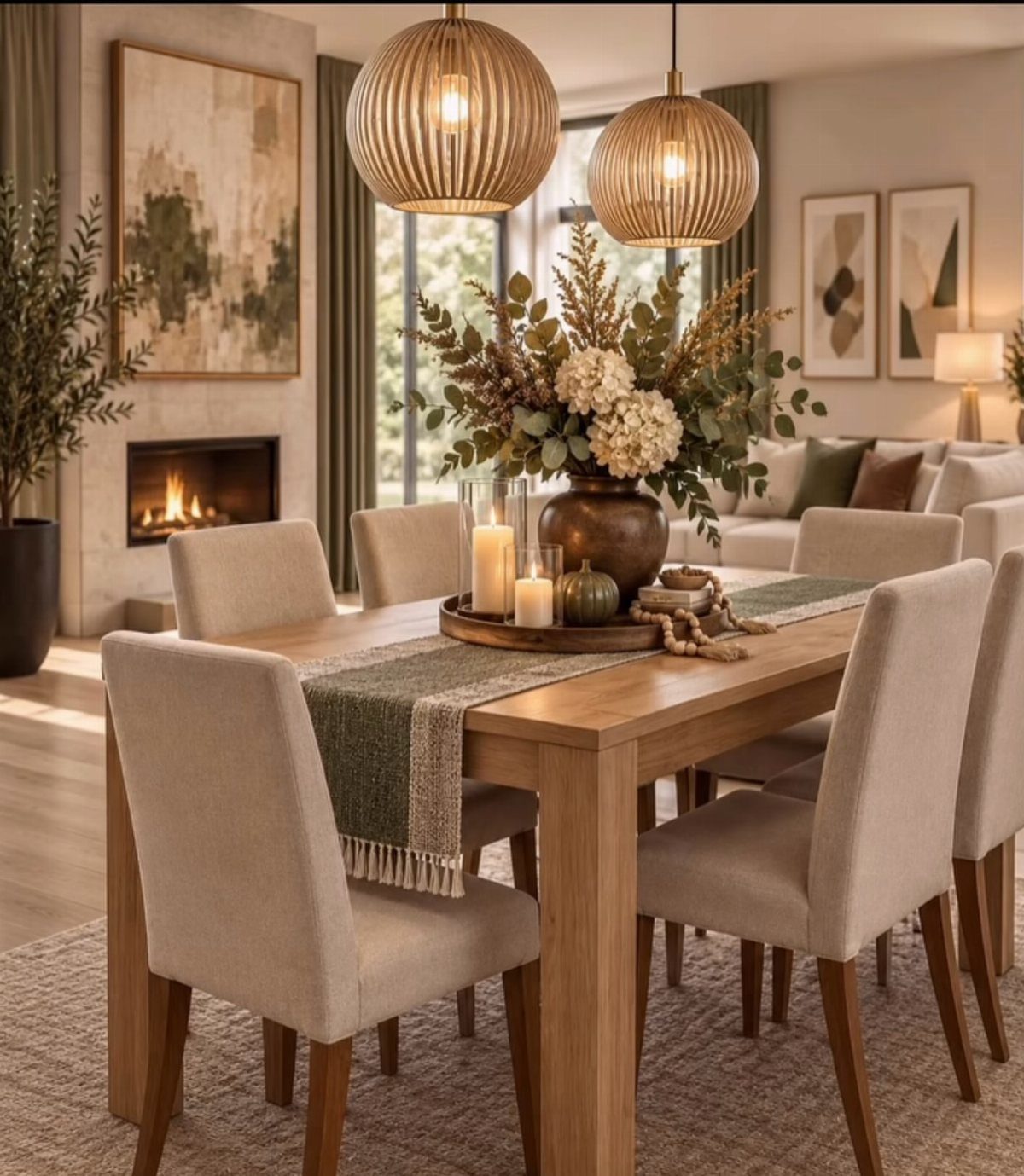 Wooden dining table featuring a round wood tray with white candles and floral centerpiece