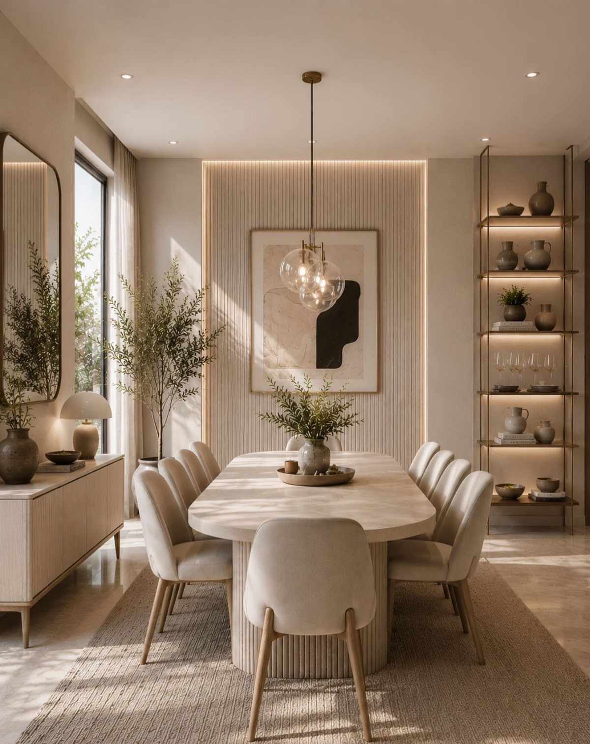 Oval wooden dining table with cream chairs in a neutral modern dining room