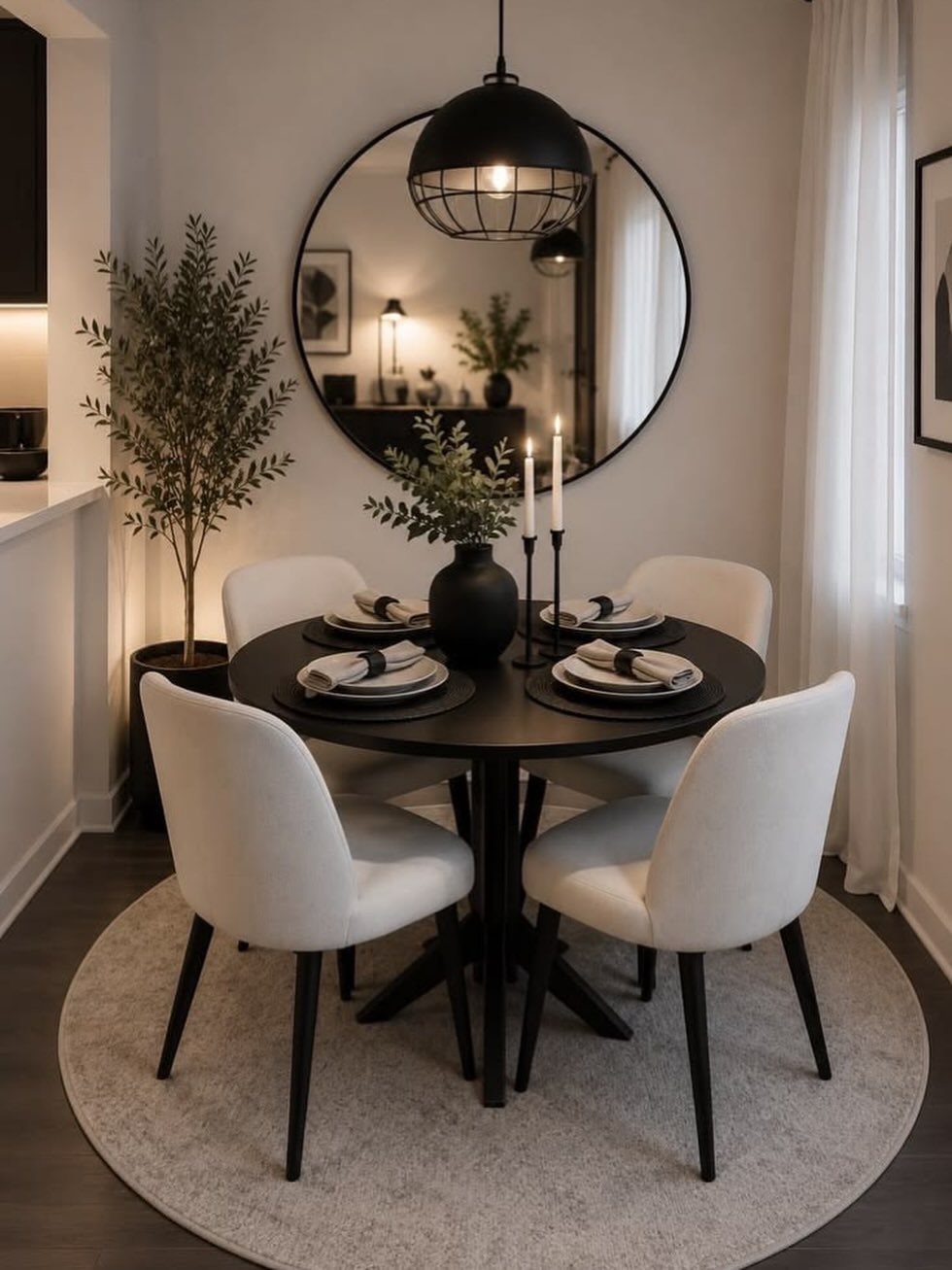 Round black dining table with white chairs and a large circular mirror above.