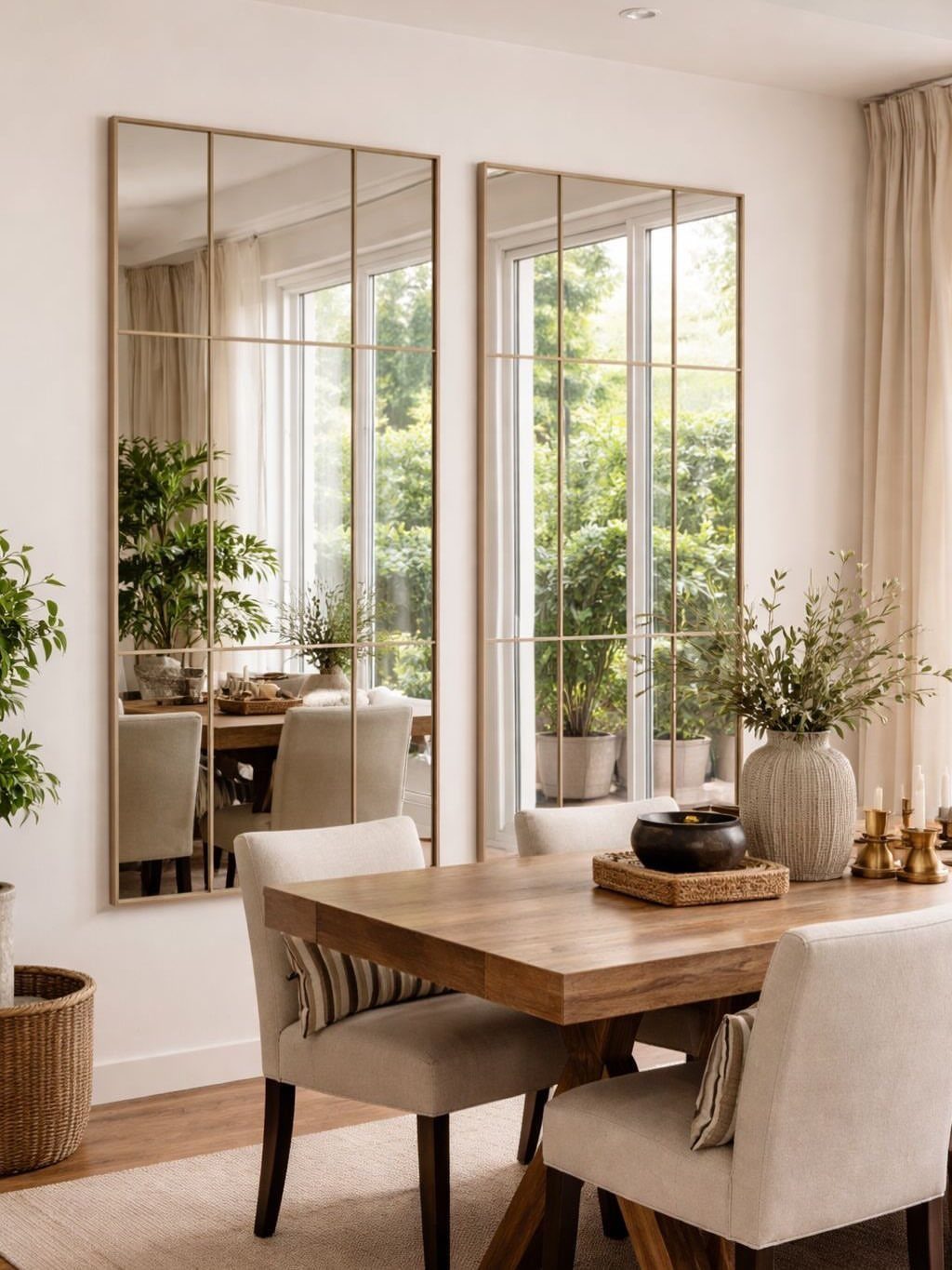 Two large gold-framed window-pane mirrors reflecting a bright dining room with wooden furniture.