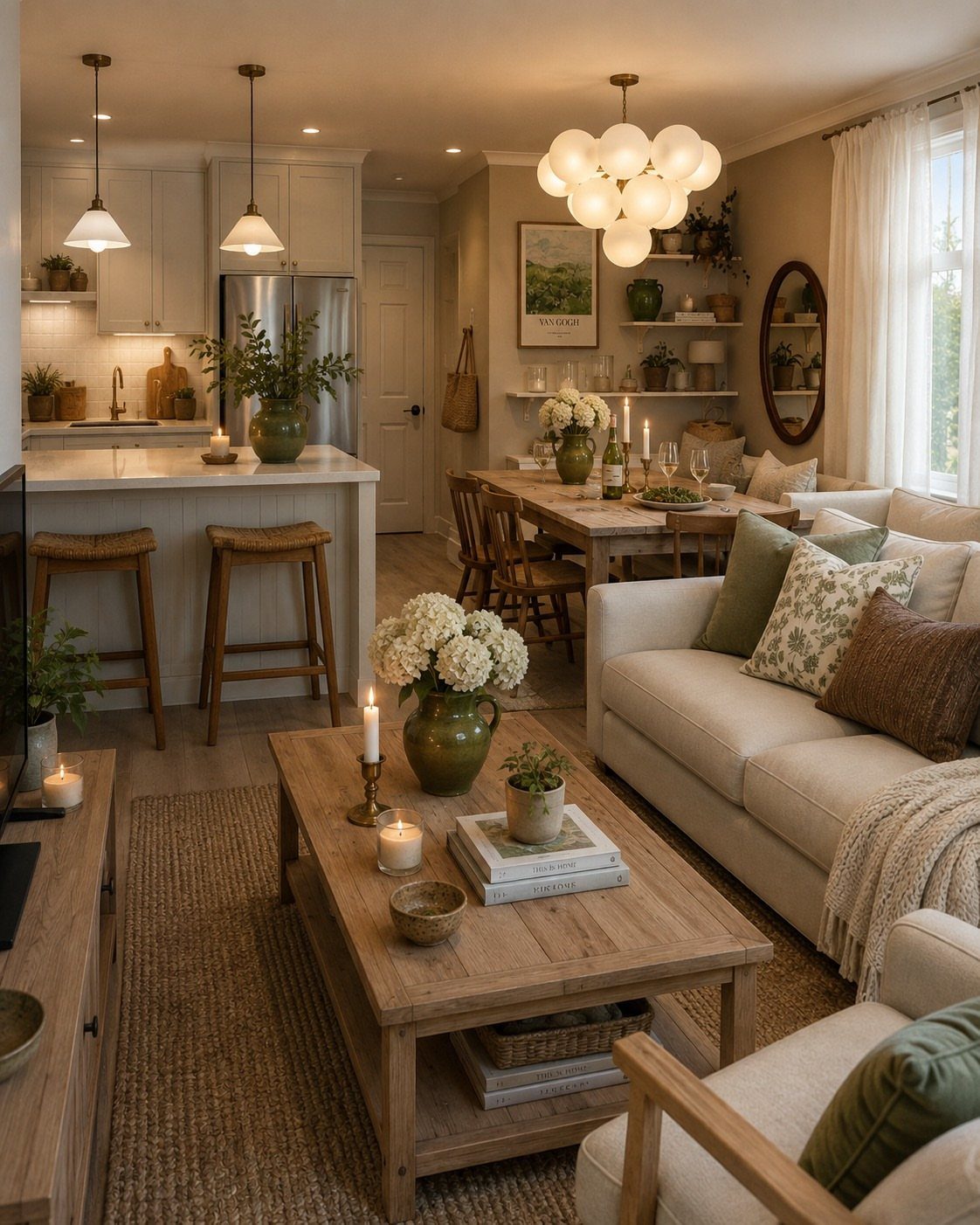 Open-concept living area combining a cozy lounge, wooden dining set, and white kitchen.