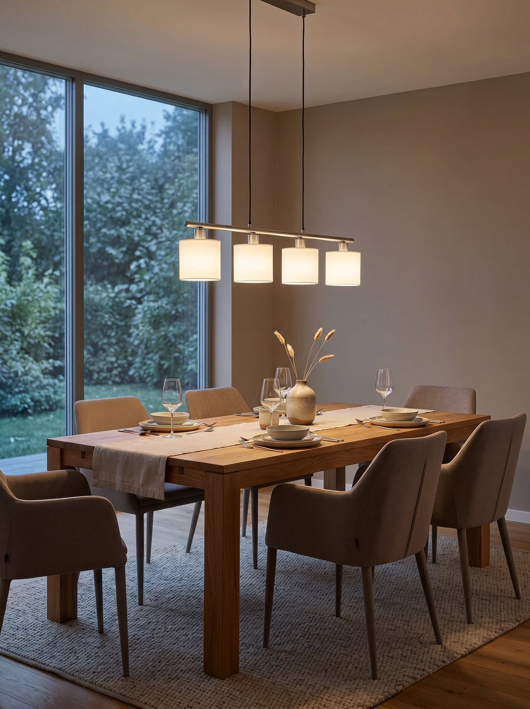 Modern dining room with a rectangular wooden table and a linear four-light pendant fixture.