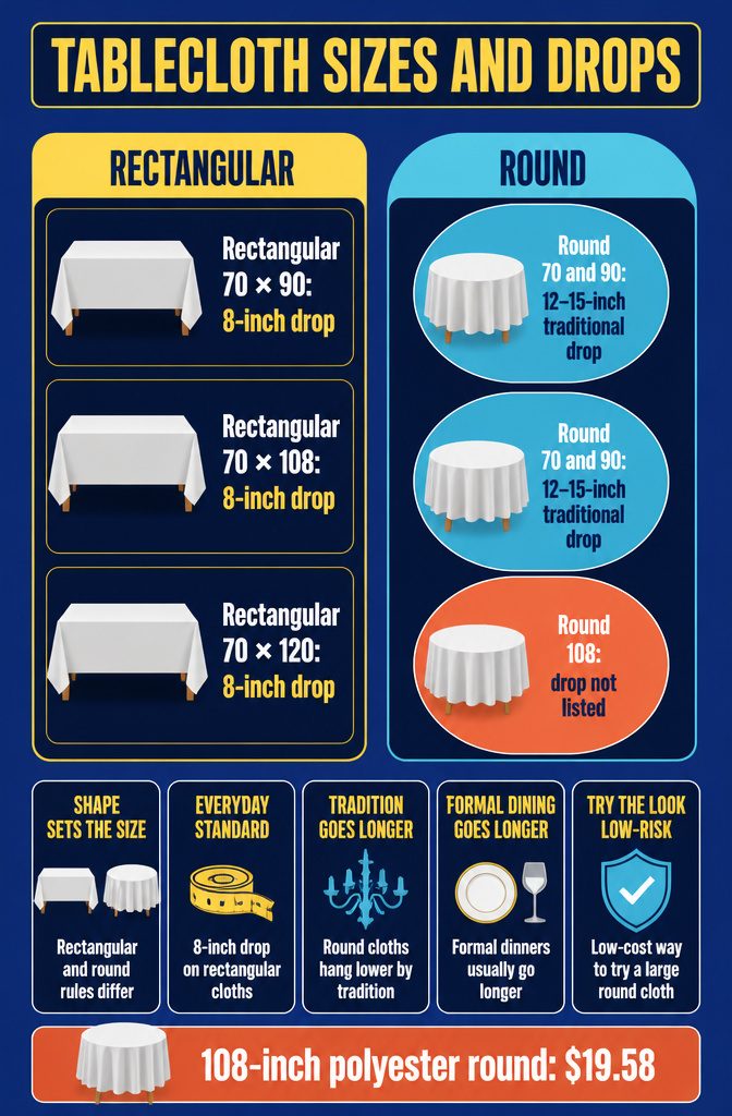 Tablecloth size chart comparing rectangular and round cloth dimensions and drops