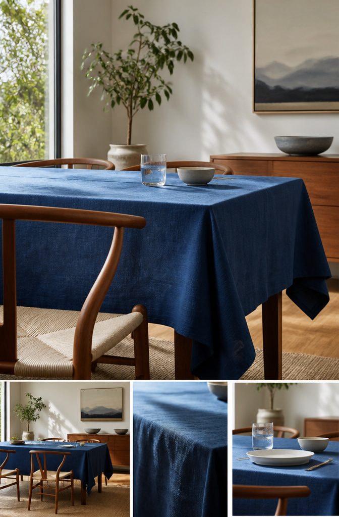 Blue tablecloth in a dining room with wood furniture and natural light