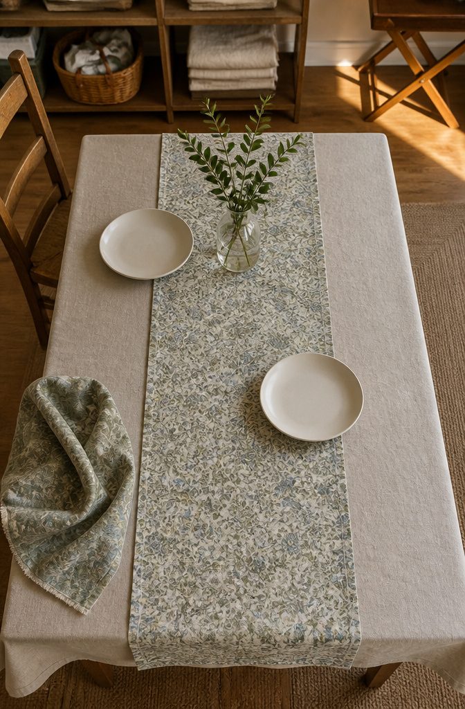 Patterned fabric laid as a table runner over a plain base cloth