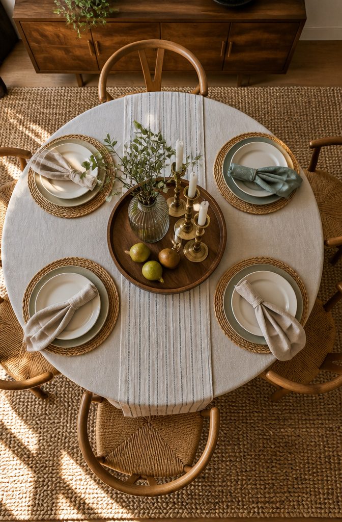 Dining table set with a runner placemats cloth napkins and a centerpiece