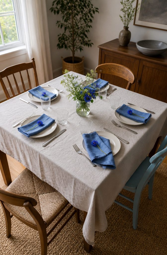Neutral tablecloth with folded blue napkins and one small blue flower at each place setting