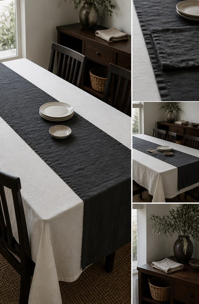 White tablecloth topped with a charcoal cloth folded lengthwise as a runner
