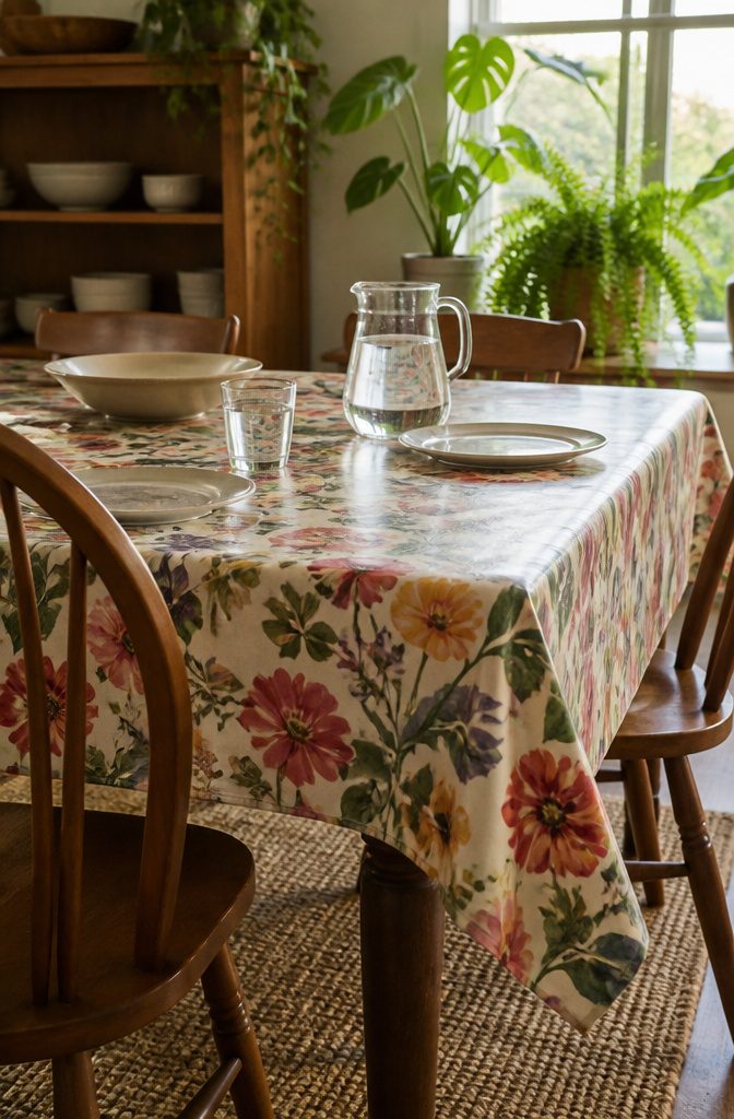 Bright floral oilcloth covering a dining table with dishes and a glass pitcher