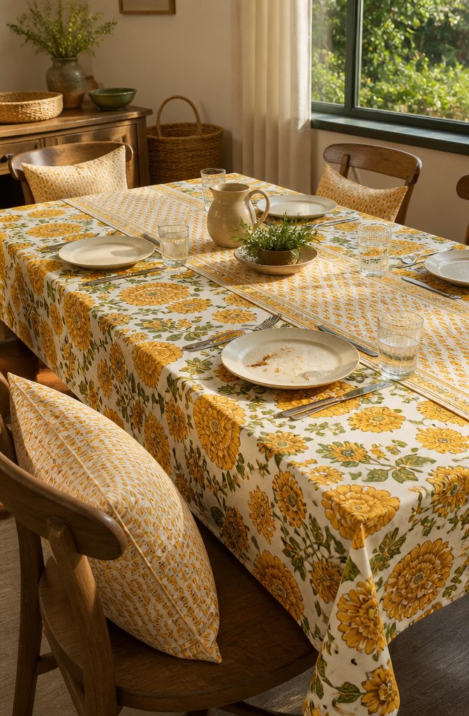 Dining table with a marigold floral cloth printed runner and plain plates