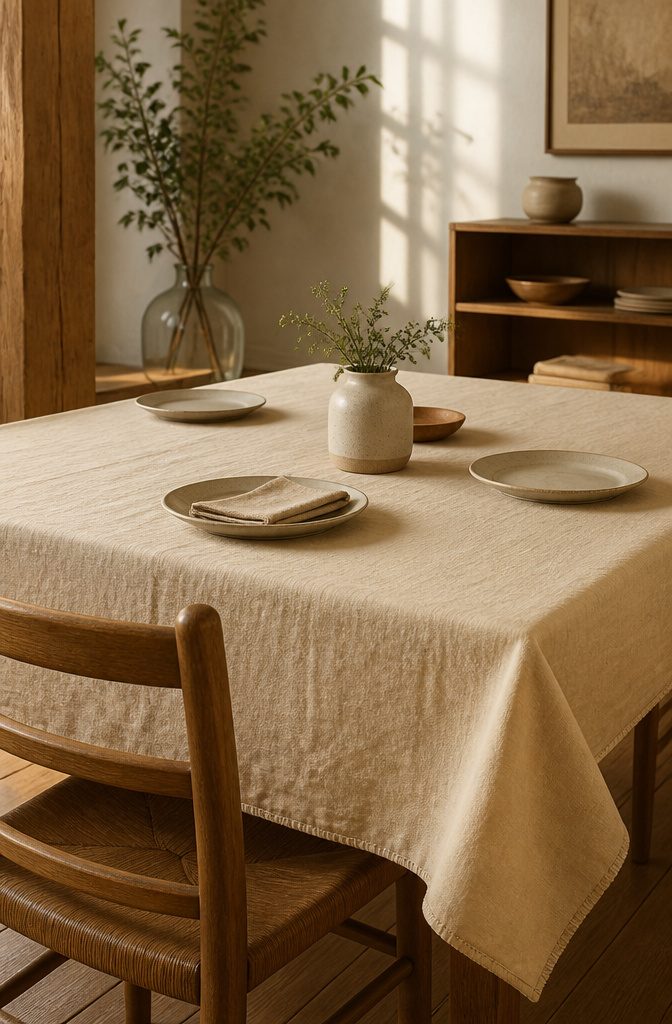 Dining table covered with a warm natural cotton cloth beneath simple place settings