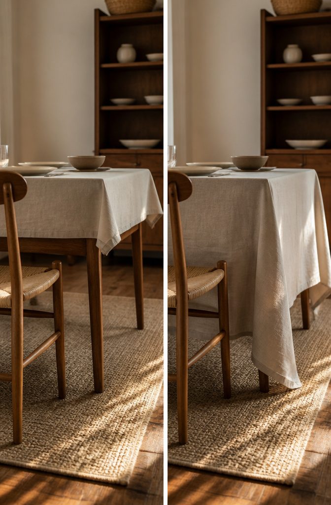 Dining table showing a lap-length cloth beside a floor-length tablecloth