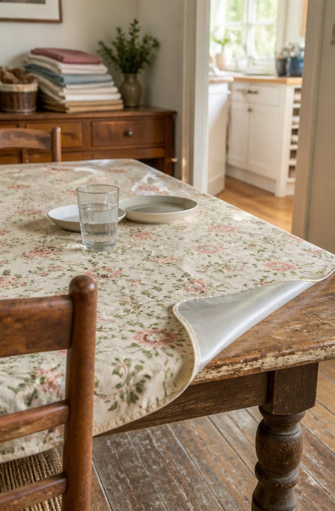 Table covered with a fabric tablecloth protecting the surface during a meal