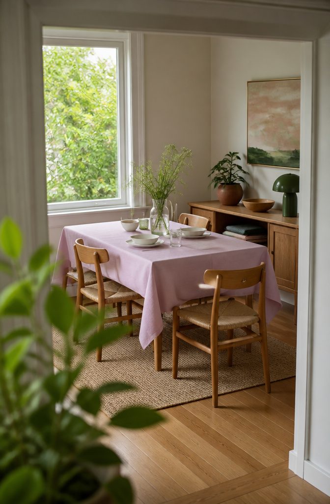 Pale tablecloth with loose flower stems in a small pitcher and simple dining accents