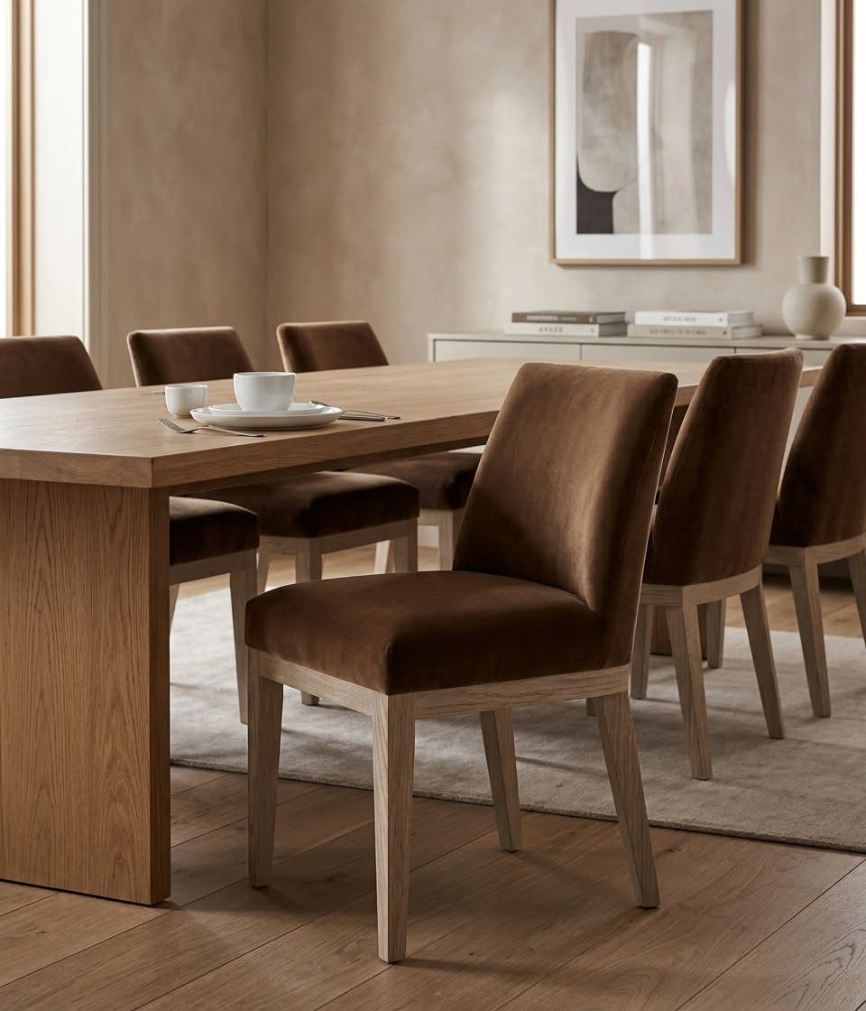 Camel velvet dining chairs with light wood legs around a wooden dining table.
