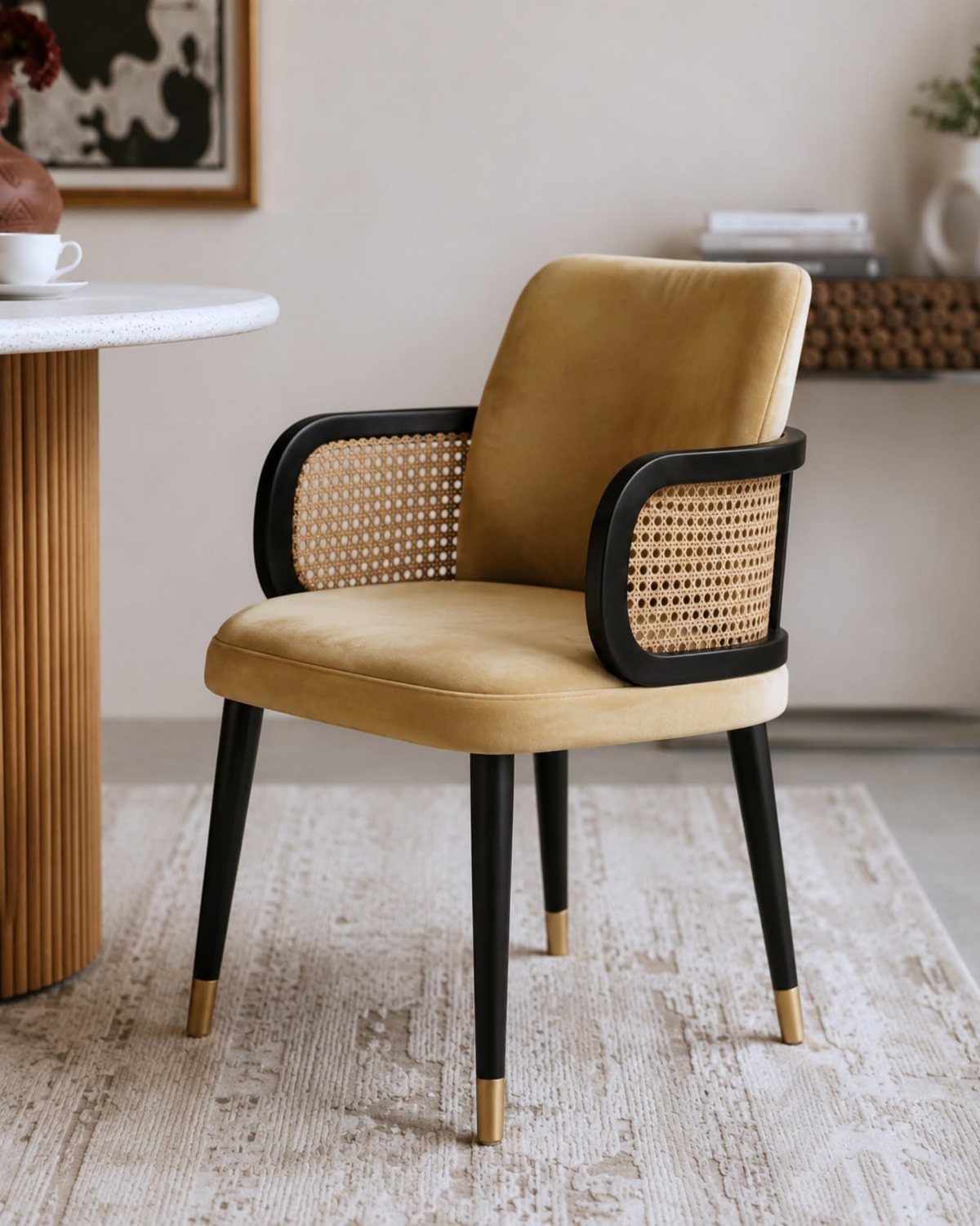 Tan velvet dining chair with black curved armrests and woven cane inserts.