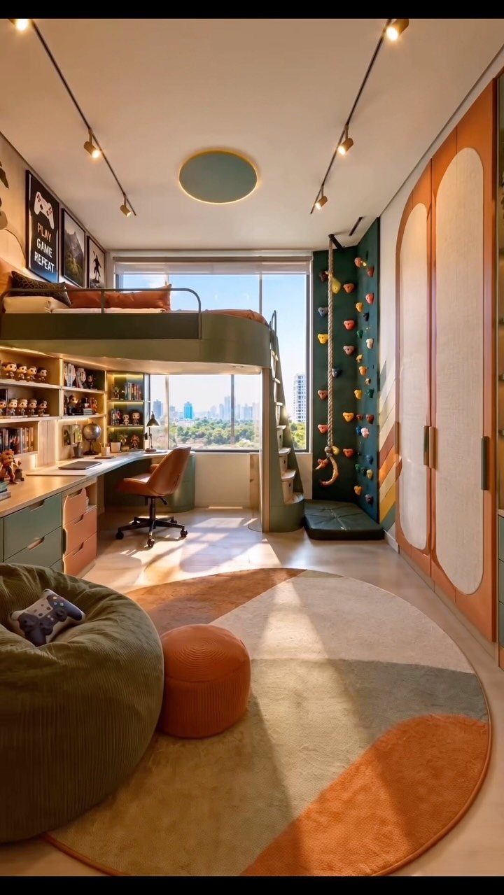 Modern teen bedroom with a loft bed, desk, climbing wall, and colorful circular rug.