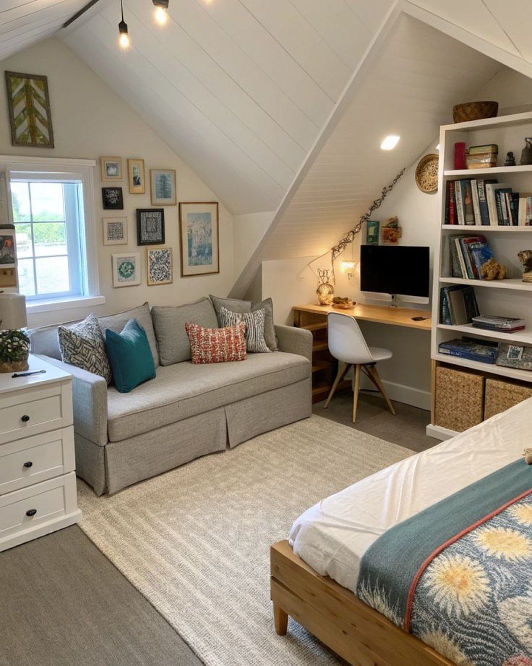 Attic bedroom with sloped white ceilings, grey sofa, desk, and wooden bed frame.