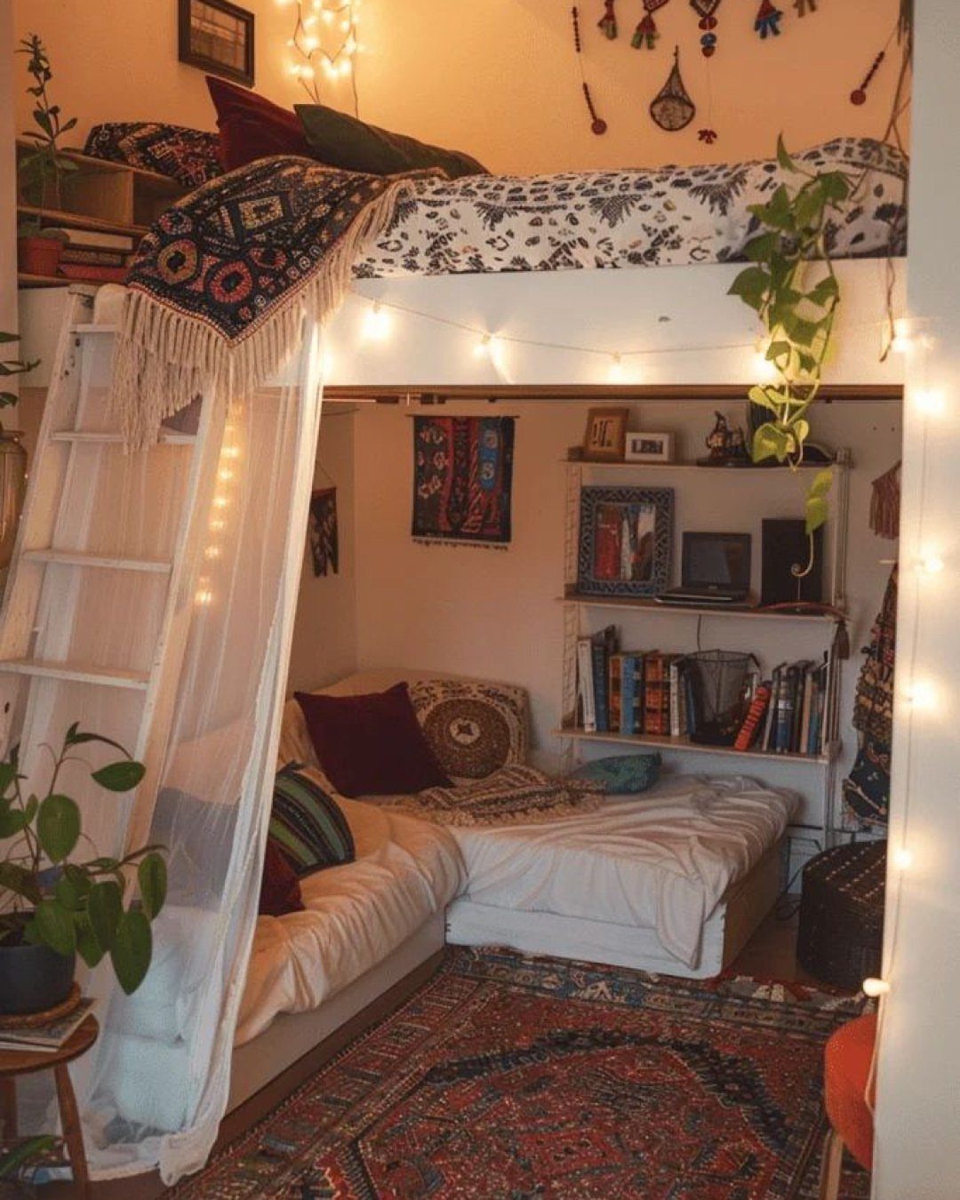 White loft bed with a cozy lounge area and patterned rug underneath