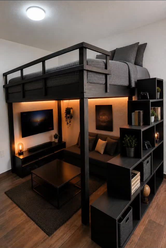 Black loft bed over a cozy living area with a sofa and television.