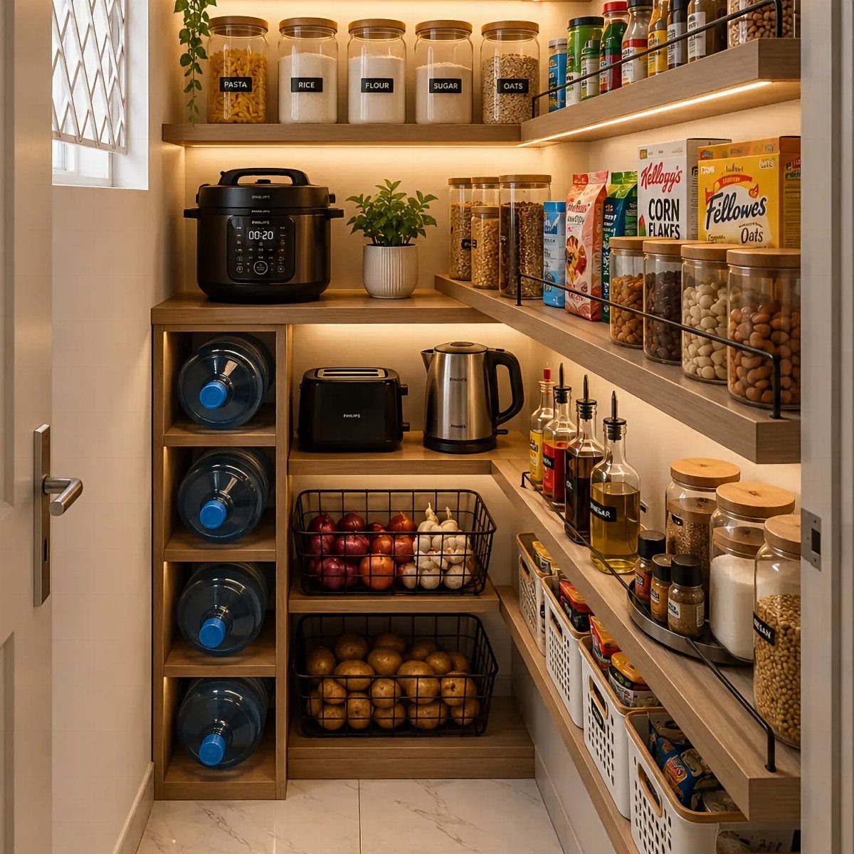 Organized walk-in pantry with shallow wooden shelves holding glass jars and food containers.
