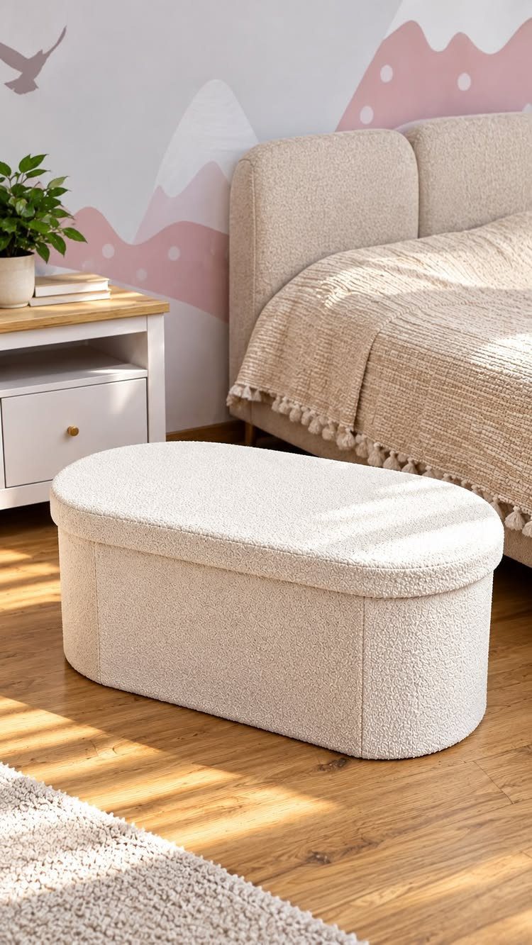 Cream oval storage ottoman on a wooden floor in a bright bedroom