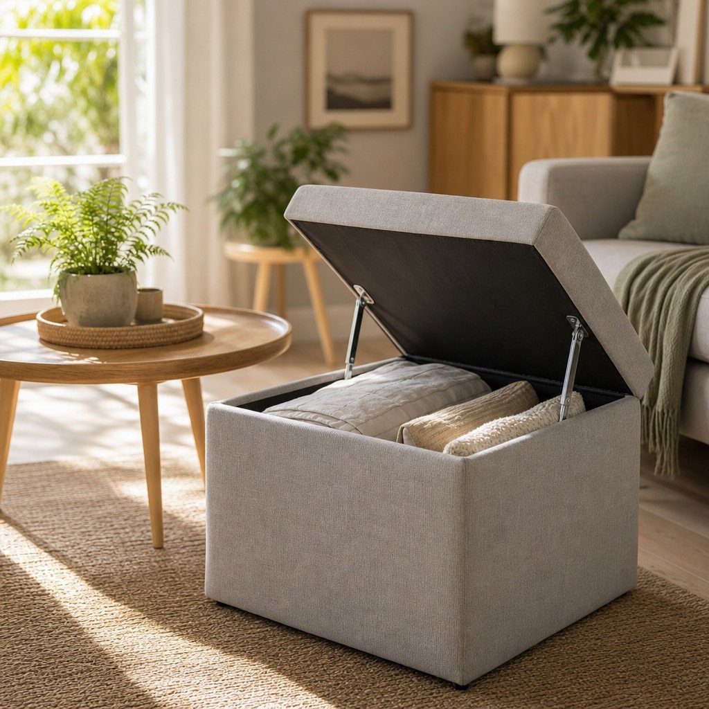 Grey fabric storage ottoman with open lid containing folded blankets in a living room