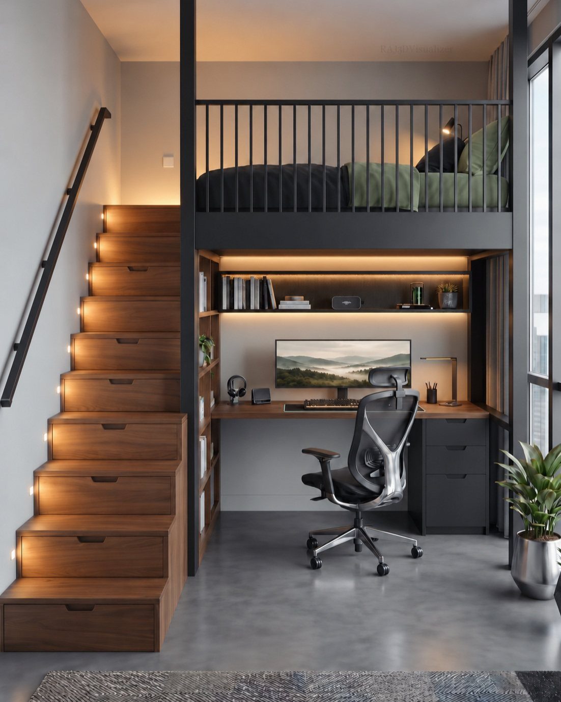Wooden staircase with built-in storage drawers leading to a loft bed and office.