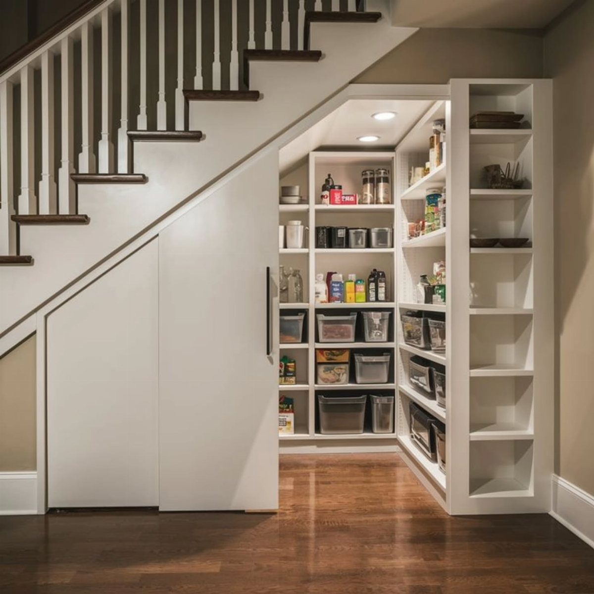 White built-in pantry with organized shelves and bins located under a wooden staircase.