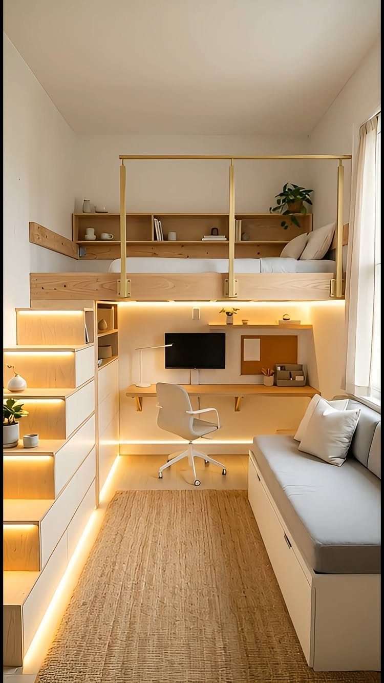 Stairs with built-in illuminated storage shelves leading to a loft bed in a tiny home.