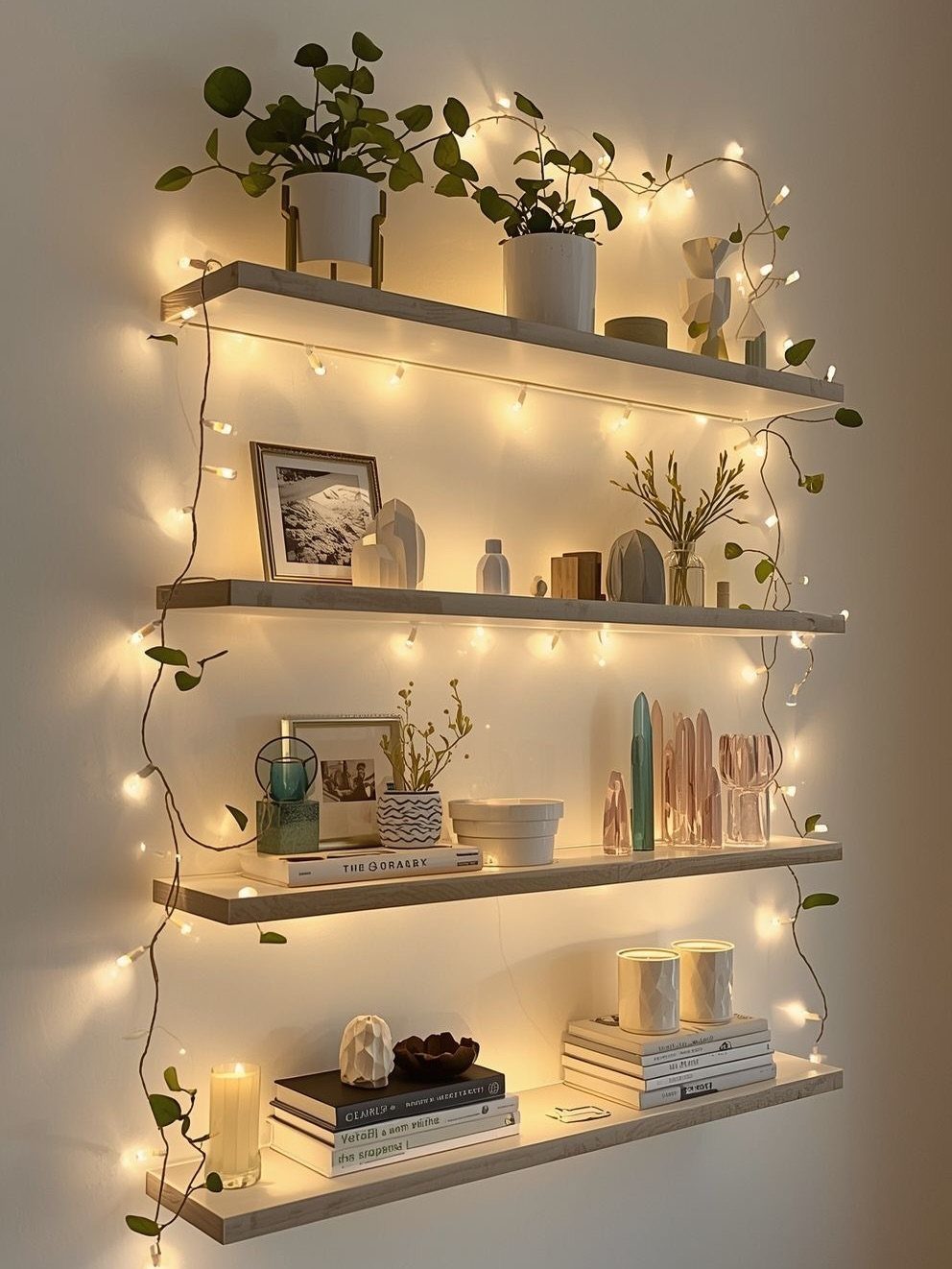 Wooden floating wall shelves with plants, books, and fairy lights on a white wall.