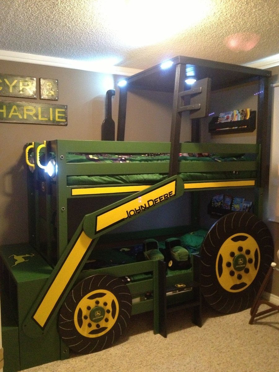 John Deere tractor themed bunk bed in a child's bedroom with green accents.