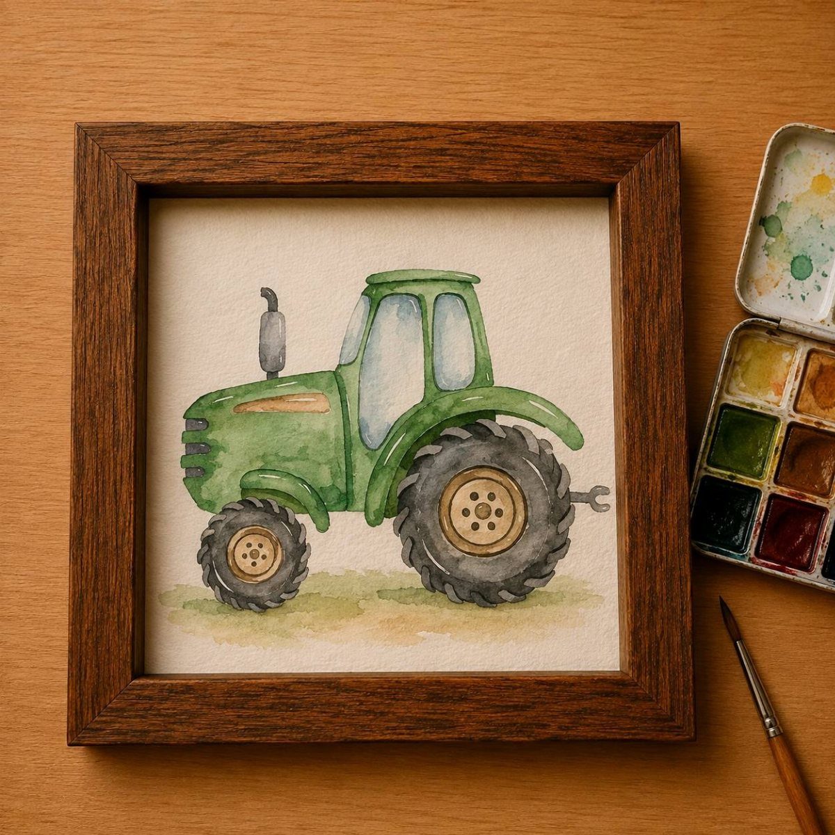 Watercolor painting of a green tractor in a brown wooden frame on wood.