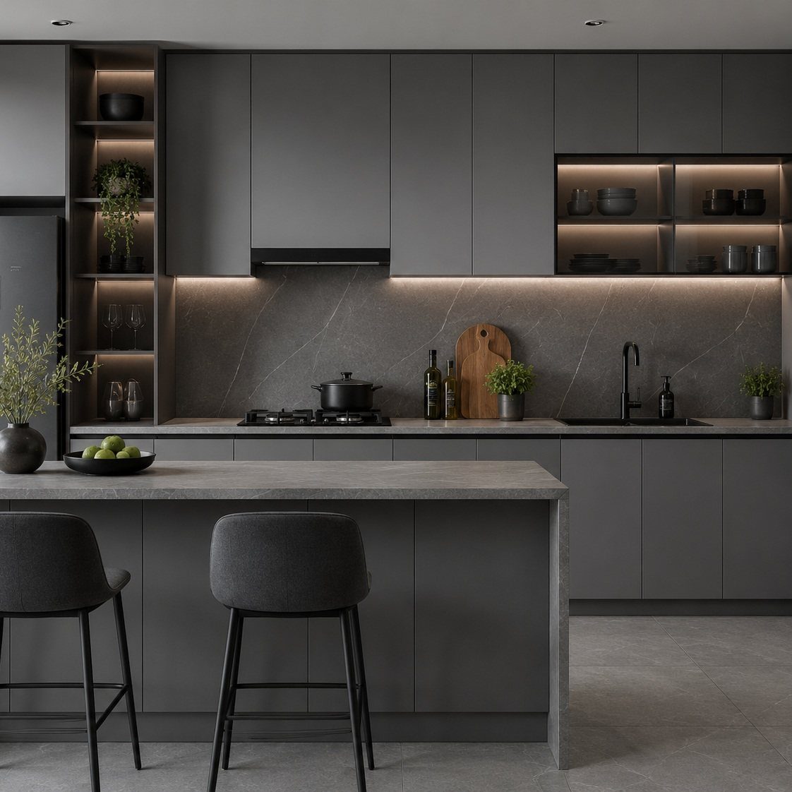 Modern kitchen with matte gray cabinets, gray stone countertops, and black bar stools.