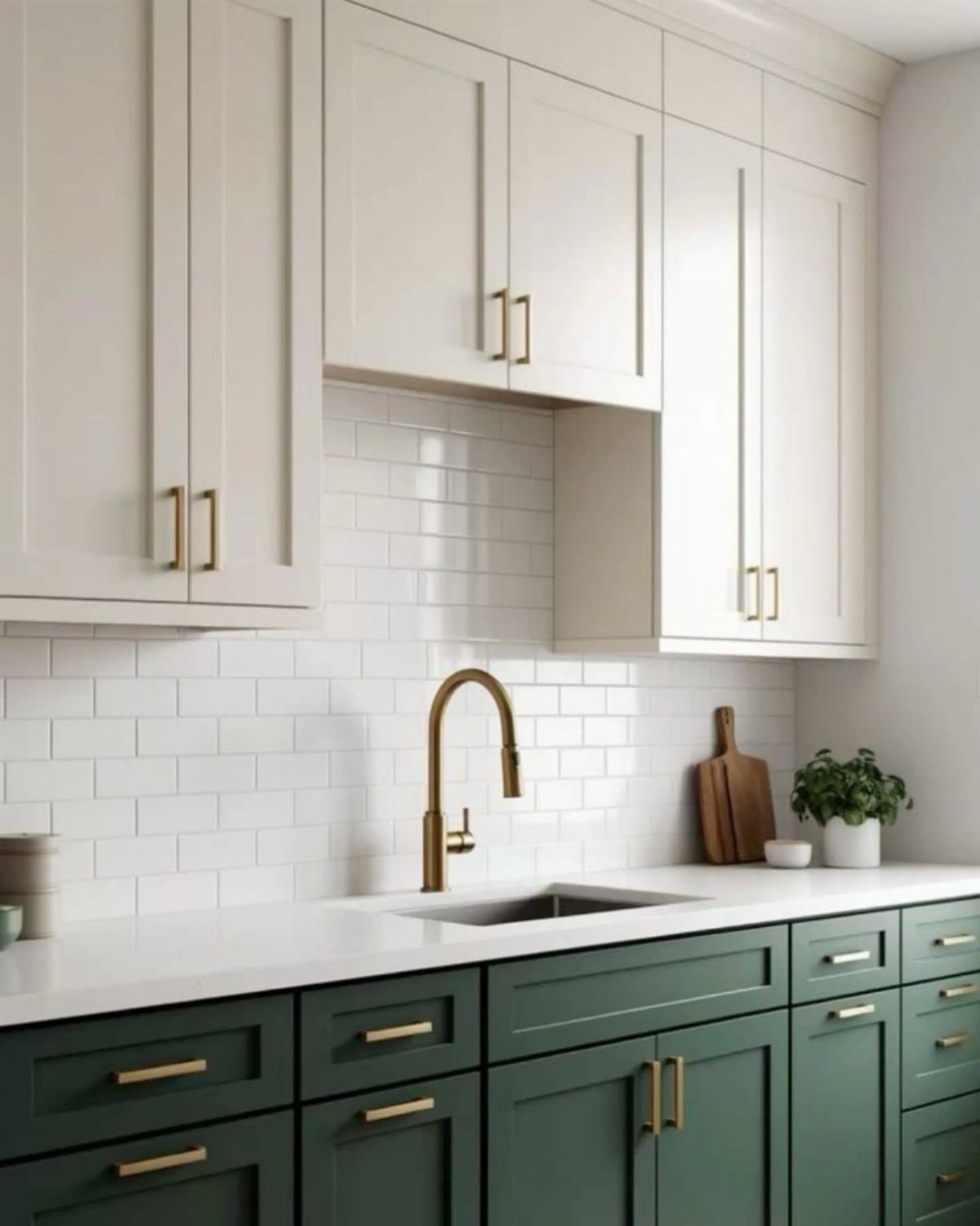Kitchen with cream upper cabinets and dark green lower cabinets with gold hardware.
