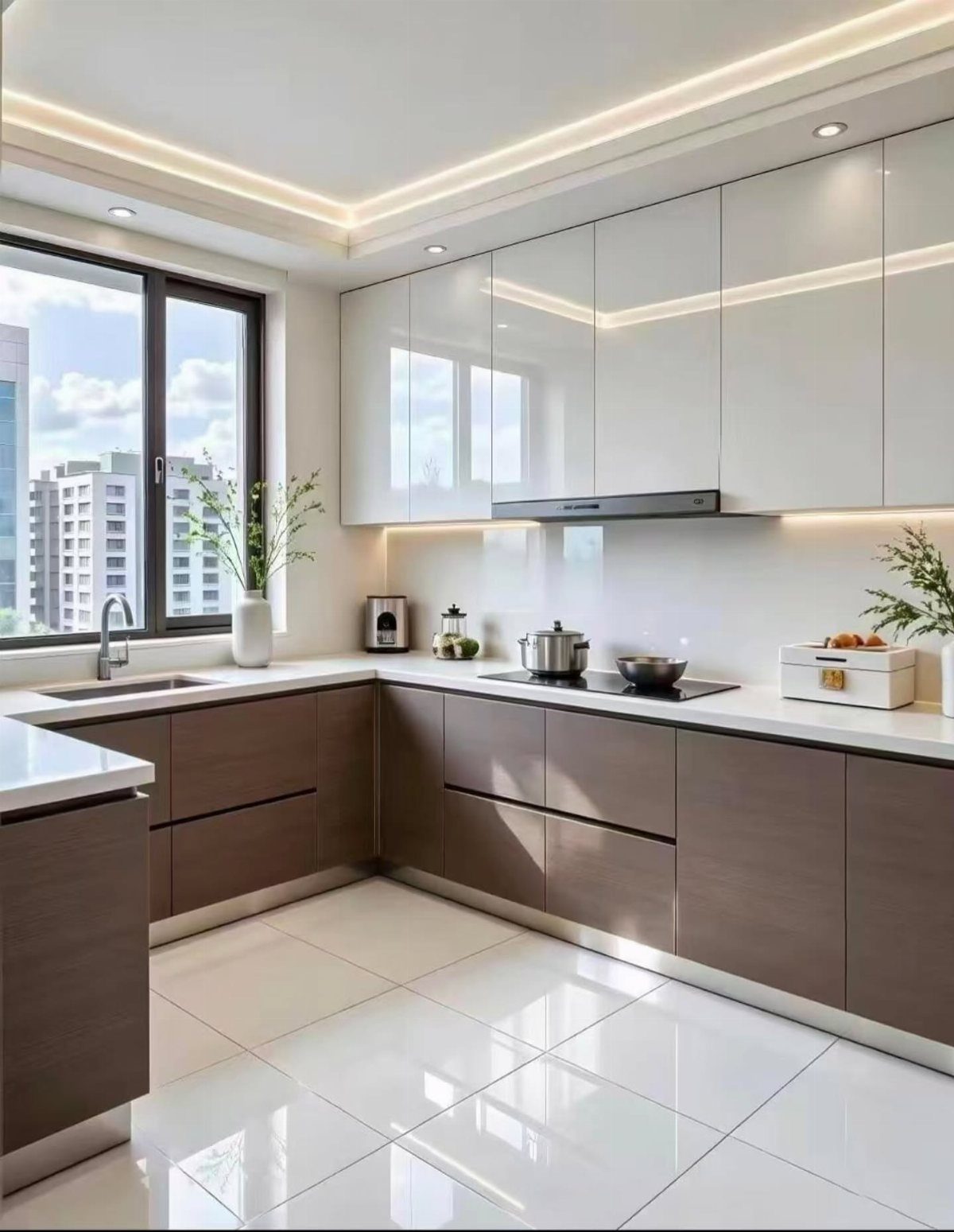 Modern kitchen with high-gloss white upper cabinets and matte brown wood lower cabinets.
