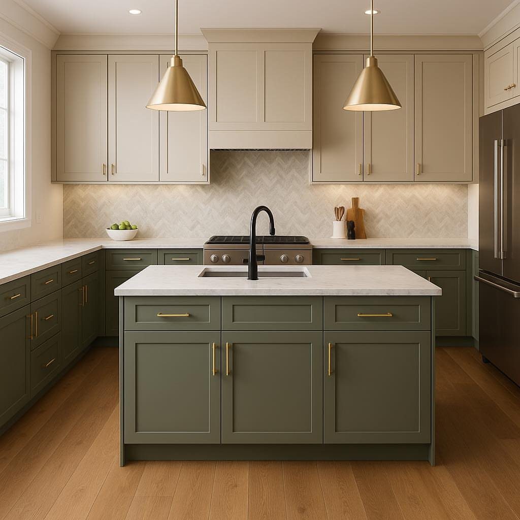 Two tone kitchen with olive green lower cabinets and beige upper cabinets.
