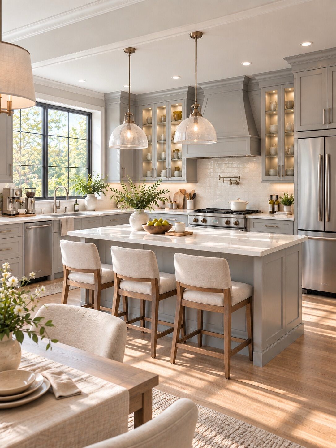 Pearl gray kitchen cabinets and island in a bright, white airy space.