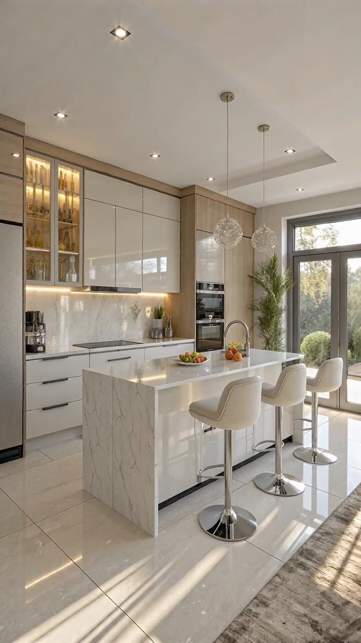 Modern kitchen with white glossy cabinets, natural wood accents, and a marble island.