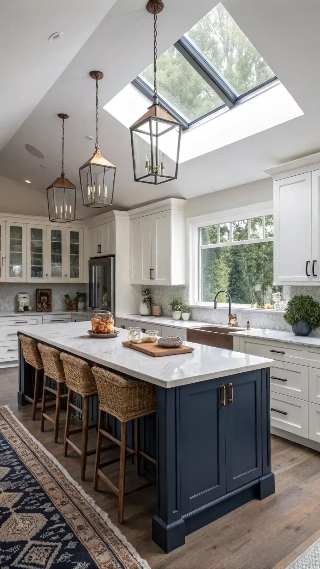 Navy blue kitchen island paired with white perimeter cabinets and woven bar stools.