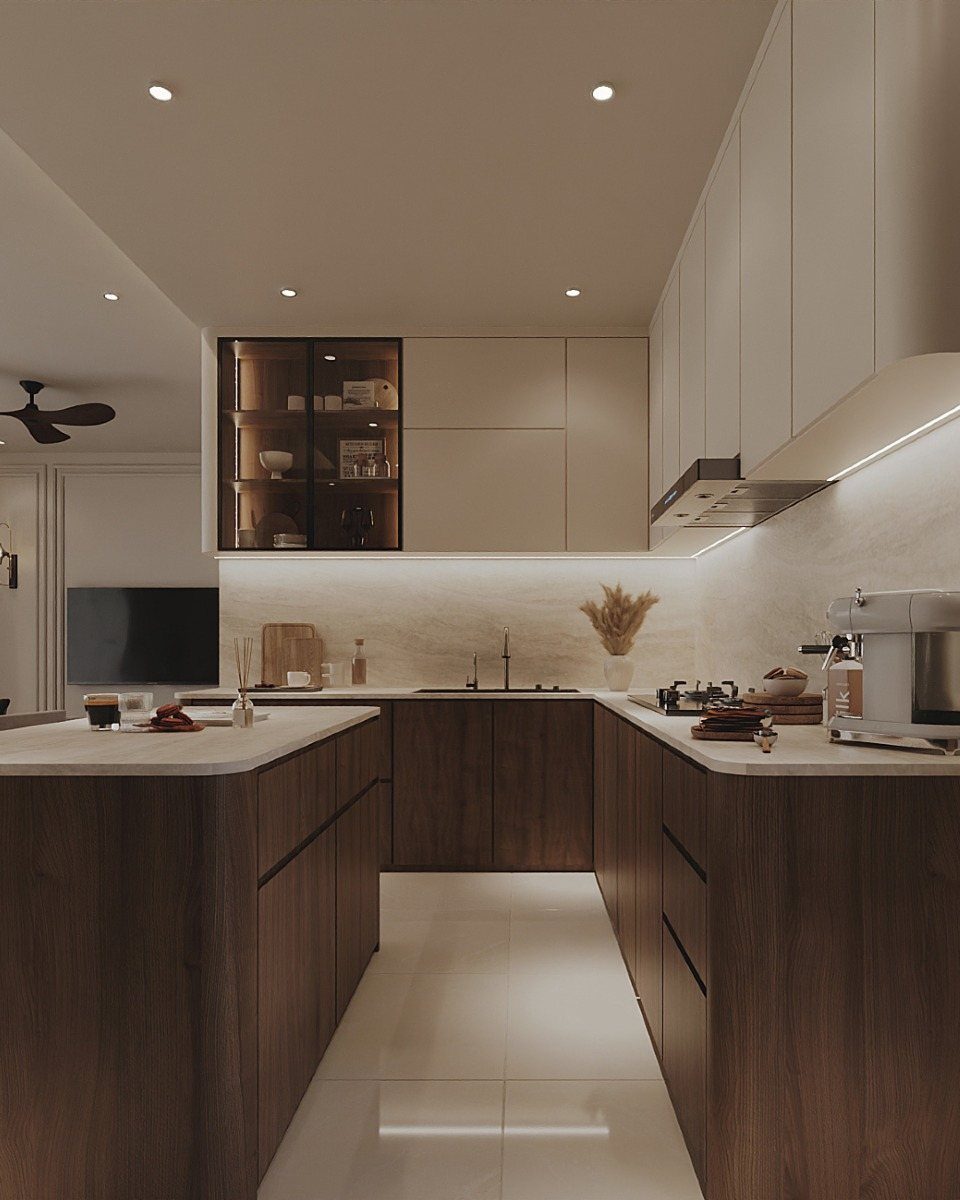 Modern kitchen with dark walnut lower cabinets and flat-front white upper cabinetry.