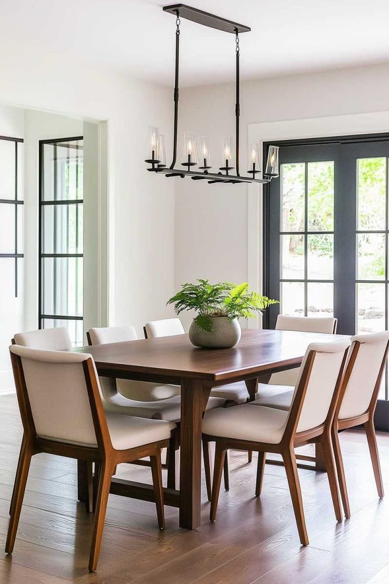 Dark walnut dining table with cream upholstered chairs and a black linear chandelier.