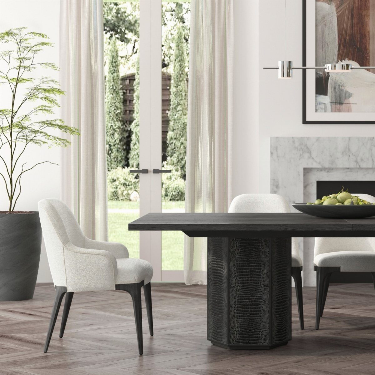 Dark walnut rectangular dining table with a textured pedestal base and cream chairs.
