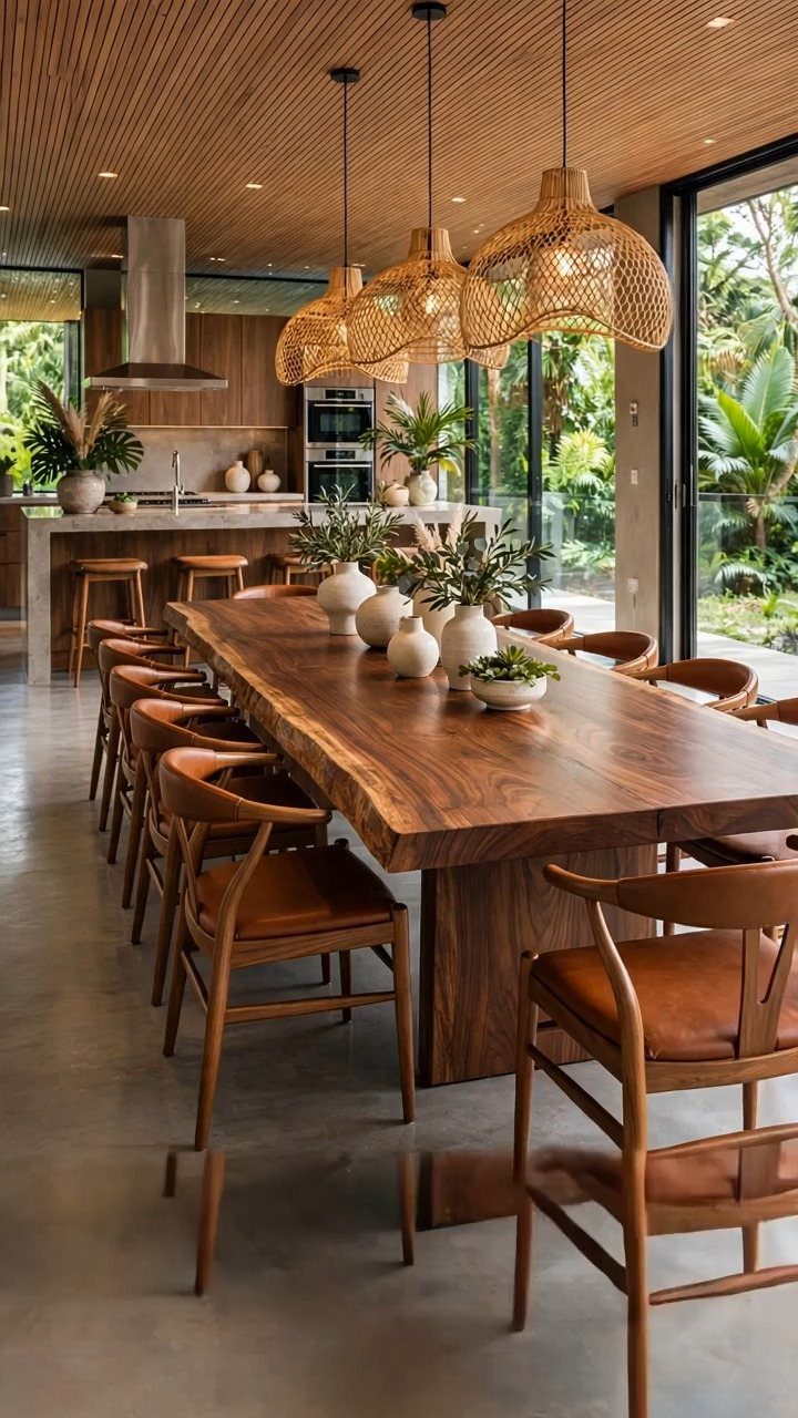 Live-edge walnut dining table with curved-back leather chairs and woven pendant lights.