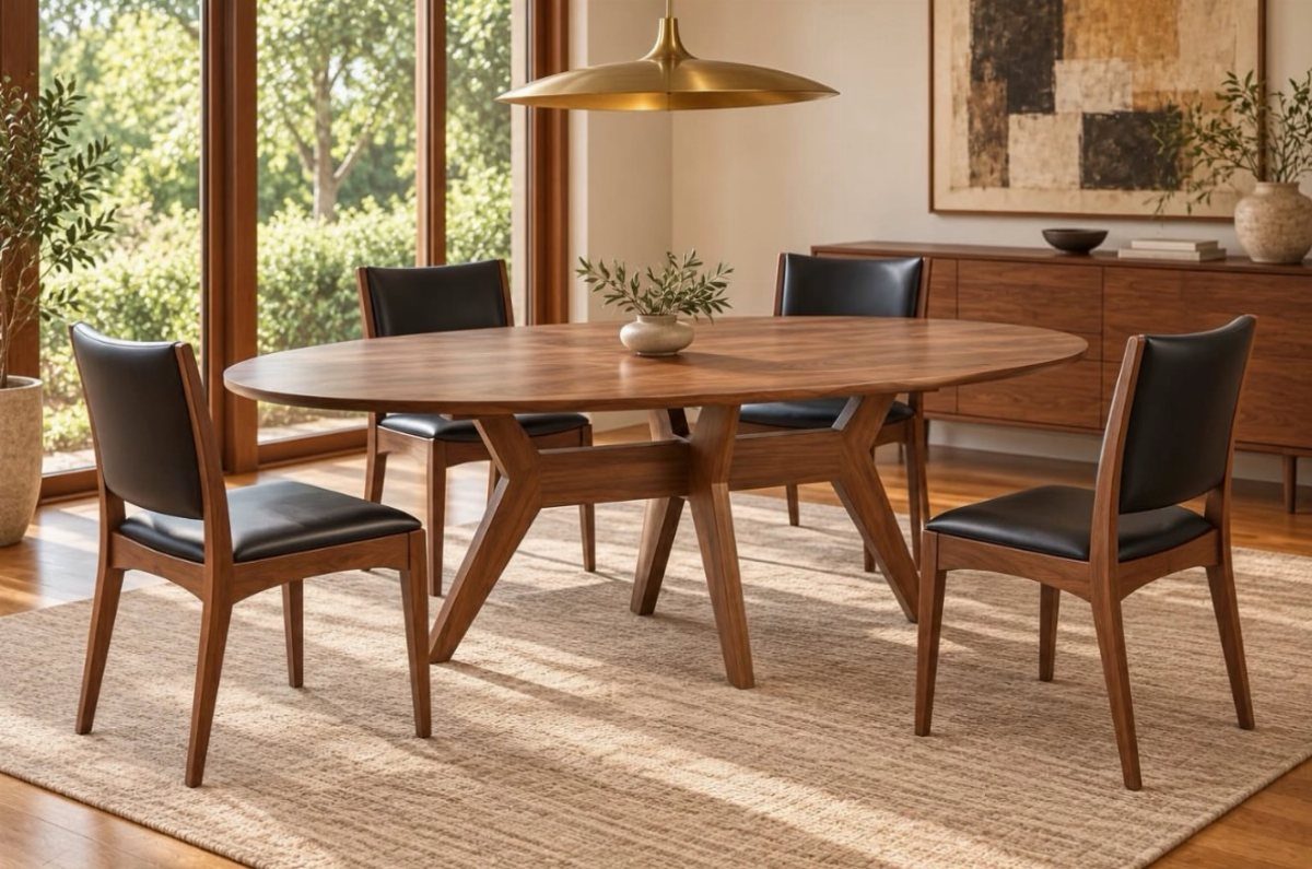 Oval dark walnut dining table with black leather chairs on a beige rug.