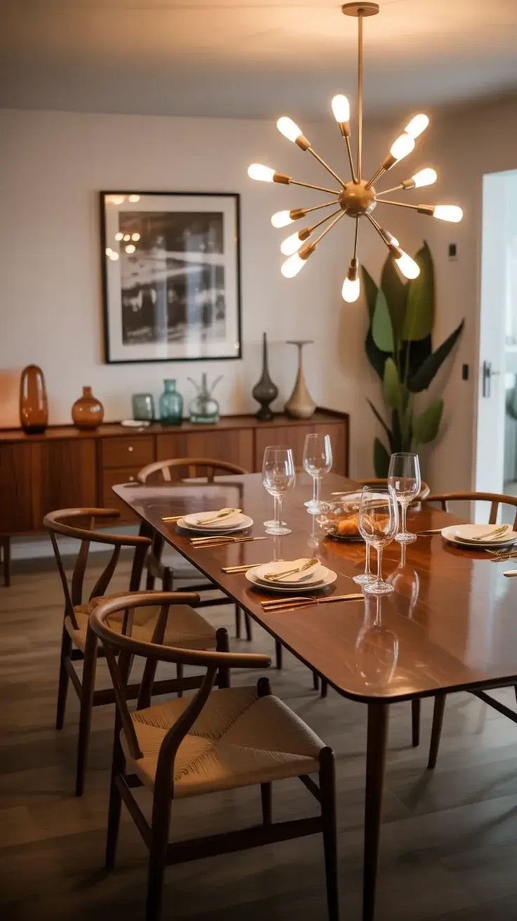 Walnut mid-century dining table with curved-back chairs and a gold Sputnik chandelier above.